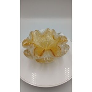 Murano Yellow Gold Aventurine  Flecks Ruffled Bowl Ashtray Candy Dish 4" x 2"